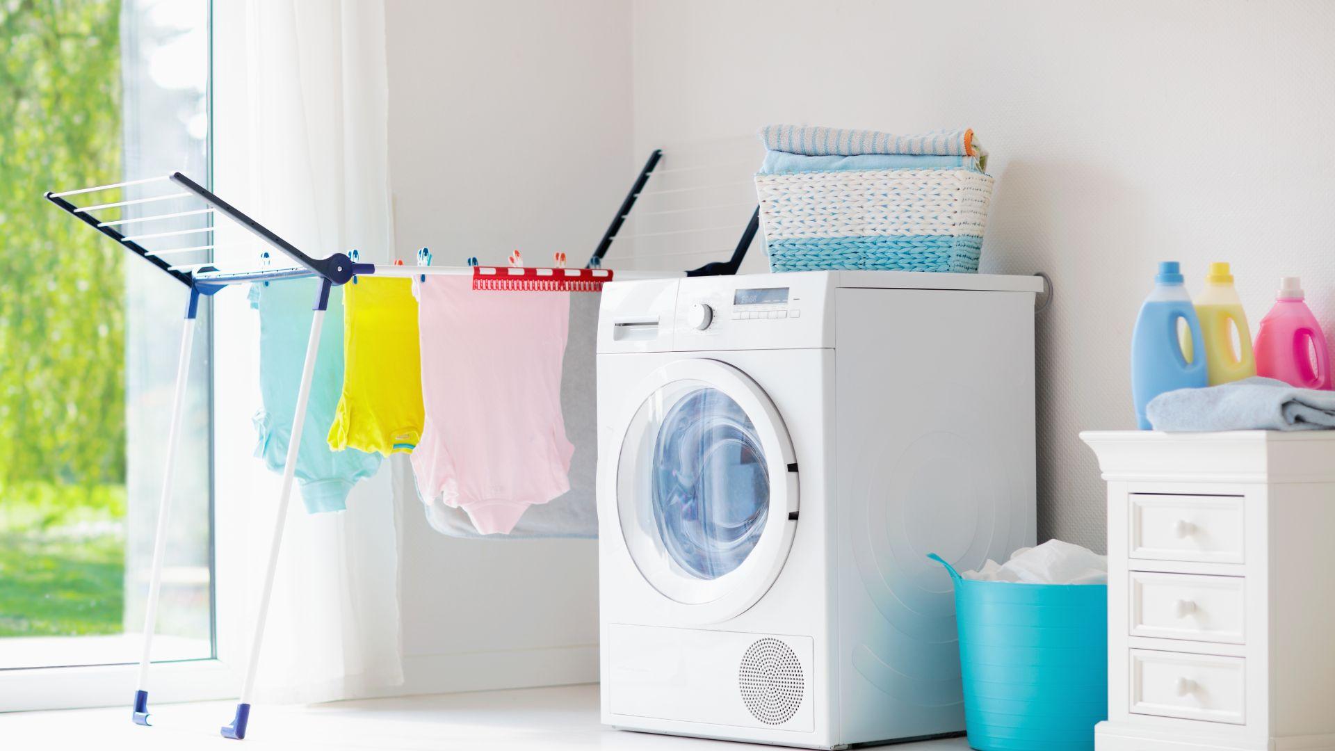 A bright, fresh laundry room with clean clothes drying